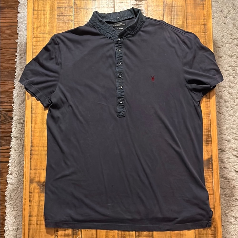 All Saints Blue Polo Shirt with Ribbed Collar and Short Sleeves